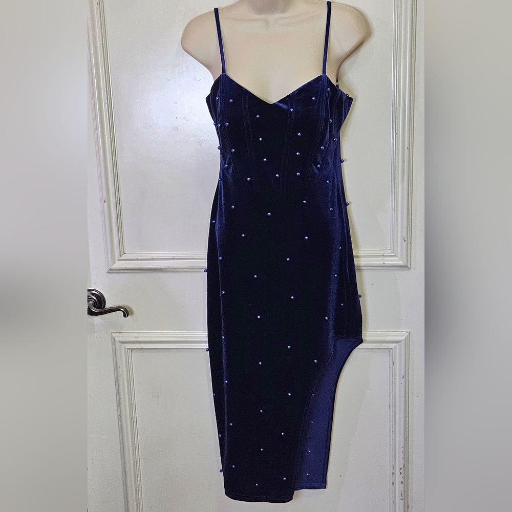 Windsor Navy Blue Velvet Beaded Embellished Asymmetrical Midi Dress,Large - Picture 9 of 16